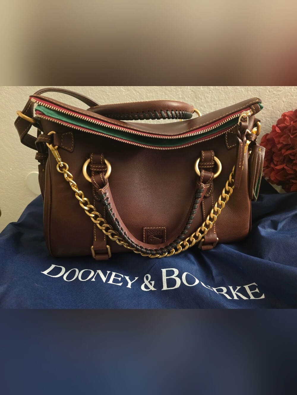 Dooney & Bourke Florentine Satchel Brown Leather Satchel with Gold Chain